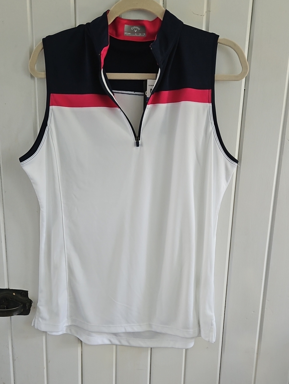 Callaway Sleeveless Zip Golf Polo in White, Navy & Pink By Callaway